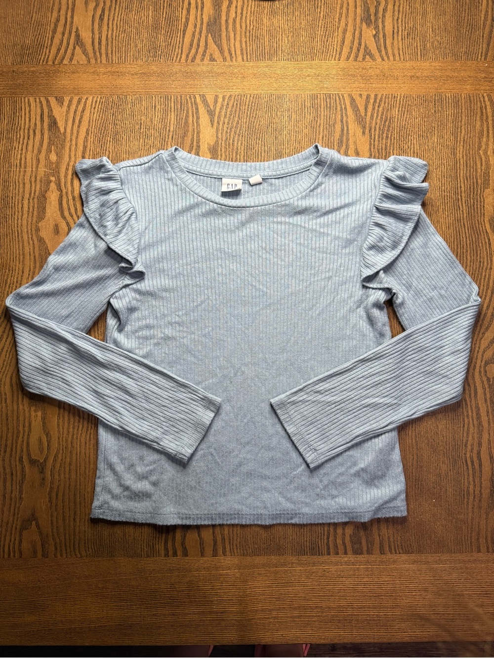 Gap Kids Light Blue Ruffle Shoulder Ribbed Long-Sleeve Top